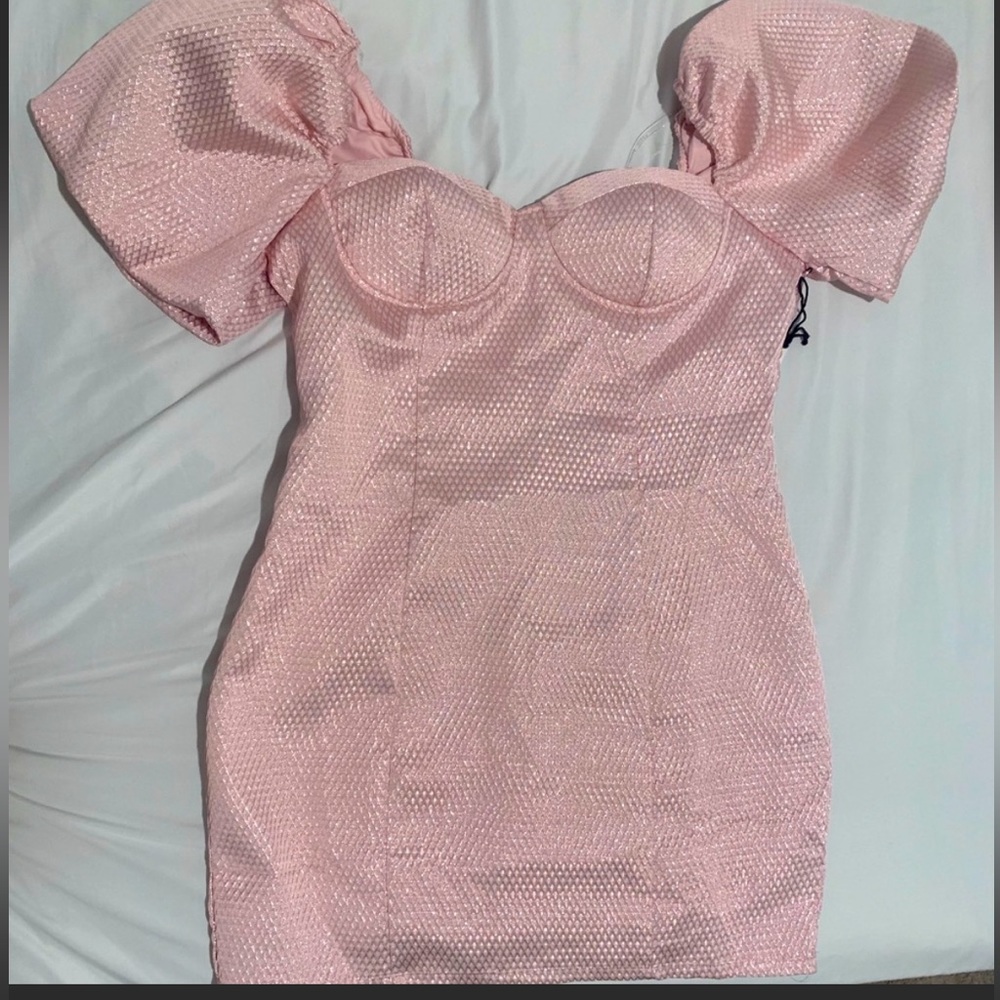 Light pink JUST A DREAM SWEETHEART
NECKLINE bubble PUFF SLEEVE mini dress sizeL - Picture 1 of 6